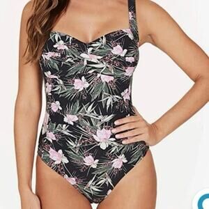 Nip Tuck Swim Joanne Twist Front Tummy Control 1 Pc Swimsuit US 6 Black Floral